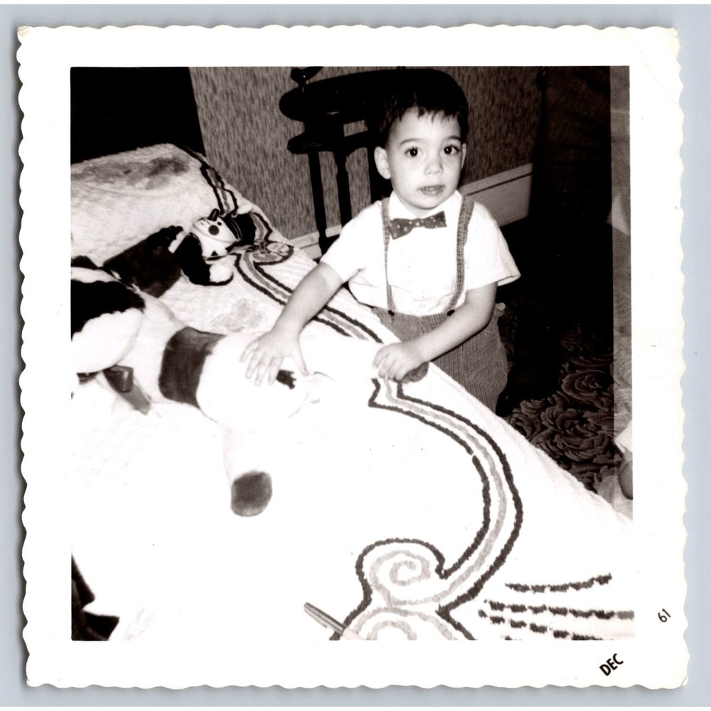 Young Boy Portrait 1961 Snapshot Photograph Bow Tie Suspenders Scalloped Edge